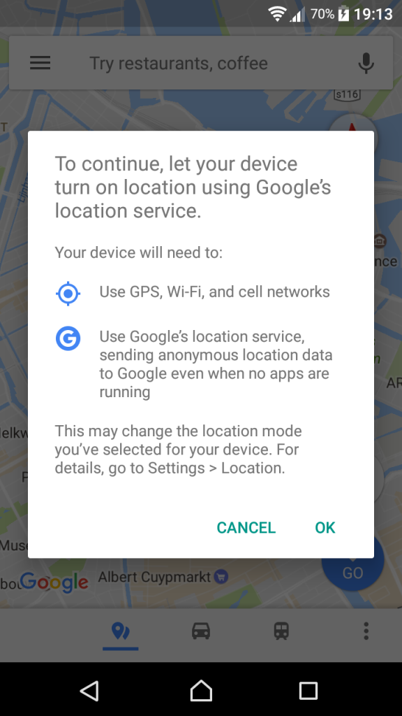 Location permission request when using Google Maps on Android -  with OK leading to Google also collecting location information when running in background