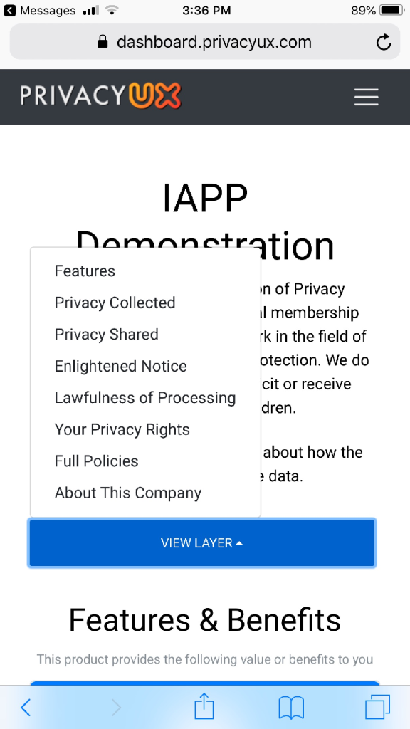 The view of a PrivacyUX-generated notice on an iPhone.