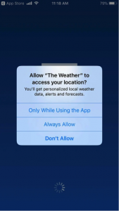 Application permissions prompt when installing “The Weather” application in the U.S.